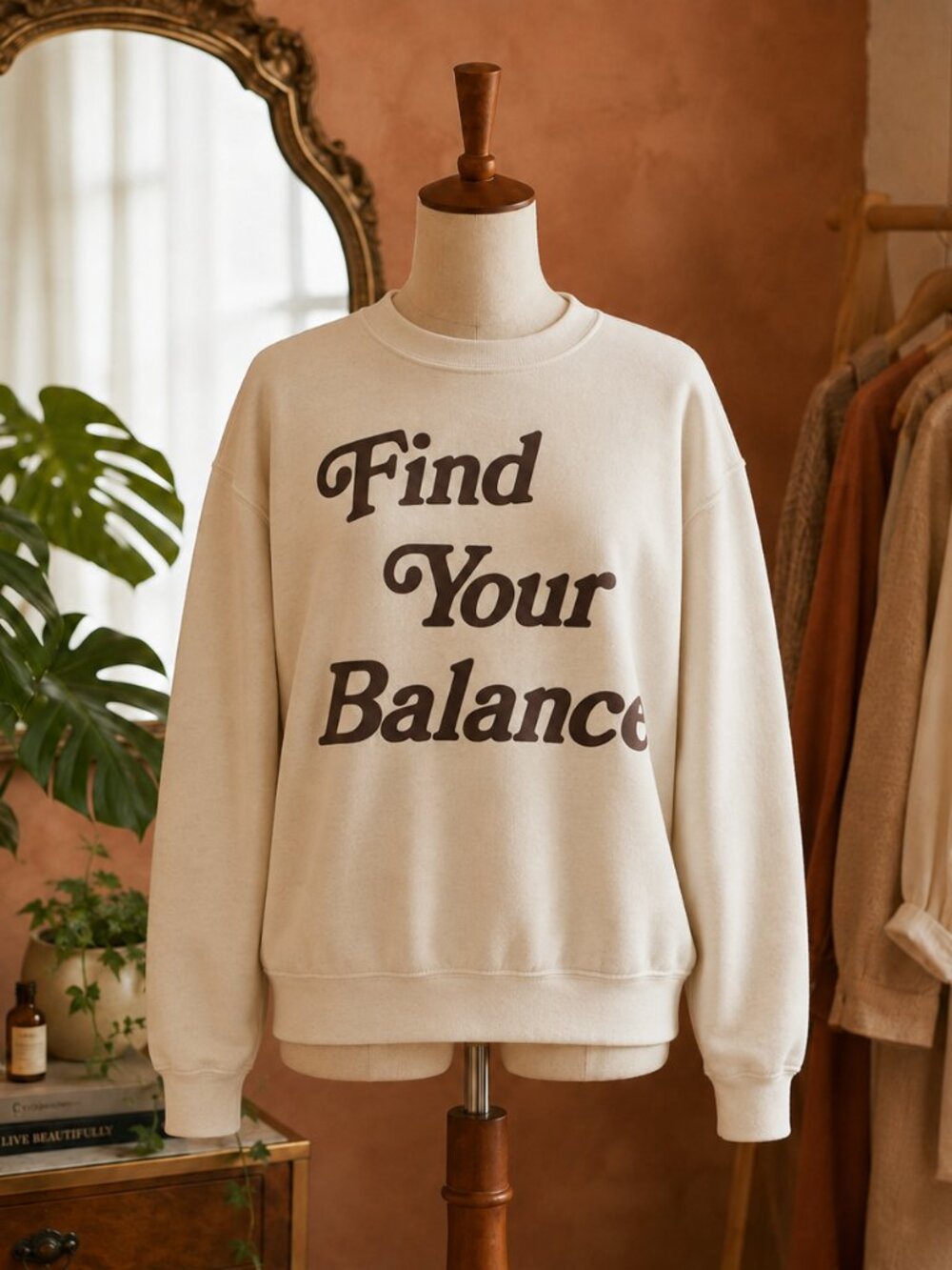 PacSun Cream Crewneck Sweatshirt with Brown 'Find Your Balance' Graphic